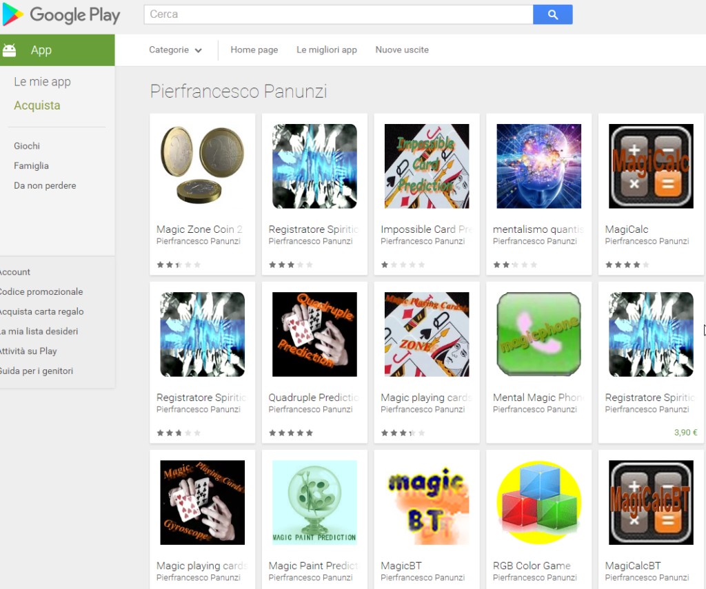 Alcune delle applicazioni per android di Pierfrancesco Panunzi per fare giochi e tricchi di magia con il telefono smartphone