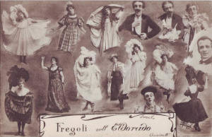 Alcuni dei personaggi di Leopoldo Fregoli in una delle sue cartoline